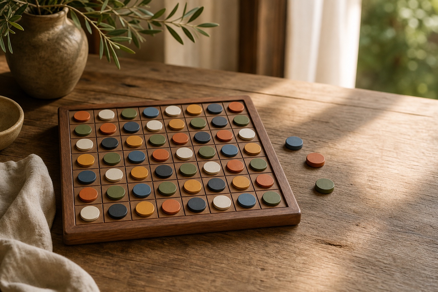 A handcrafted color sudoku board on a wooden table